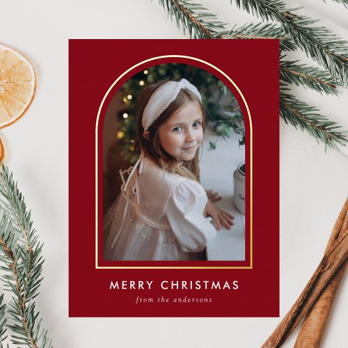 Merry Christmas Red Arch Photo Foil Holiday Postcard