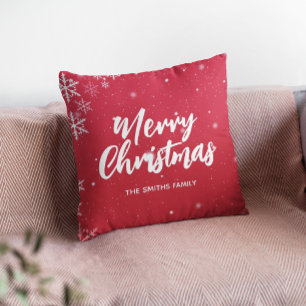 Merry Christmas Red Background With Snowflakes Throw Pillow