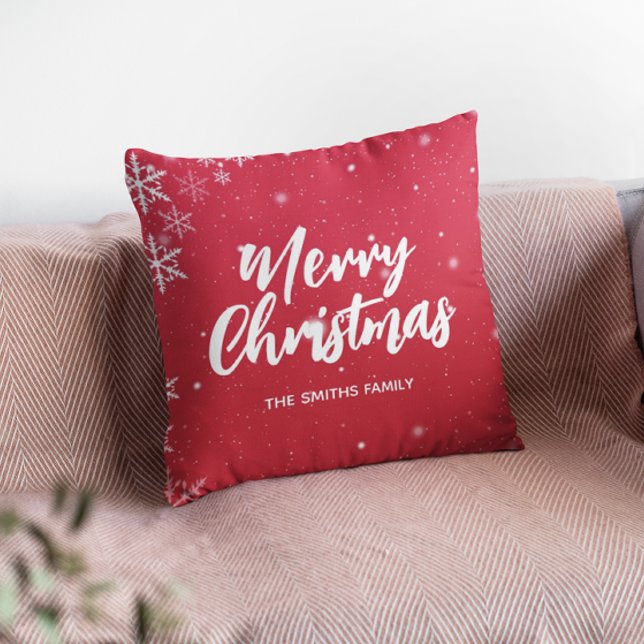 Merry Christmas Red Background With Snowflakes Throw Pillow (Creator Uploaded)
