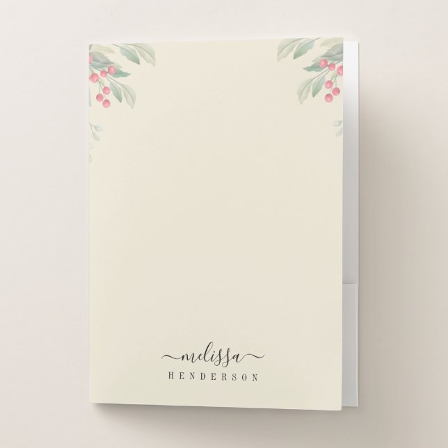 Merry Christmas Red Berries Botanical Holiday Pocket Folder (Front)