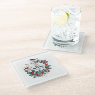 Merry Christmas-Red Berries & Bullfinch Glass Coaster