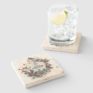 Merry Christmas-Red Berries & Bullfinch Stone Coaster