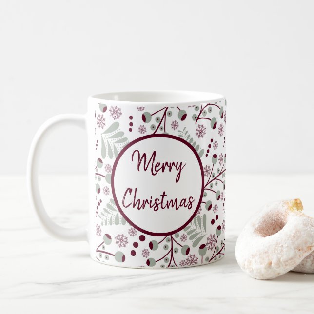 Merry Christmas Red Berries  Coffee Mug (With Donut)