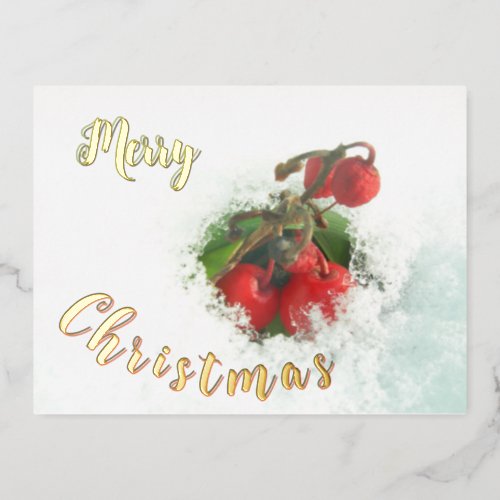Merry Christmas Red Berries Gold Foil Postcard