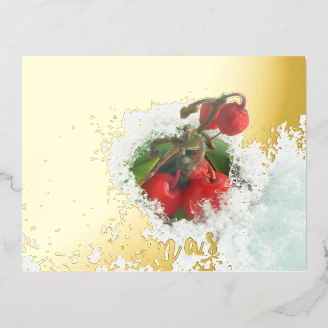 Merry Christmas Red Berries Gold Foil Postcard (Front)