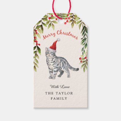 Merry Christmas Red Berries Green Leaf Cat Lover 