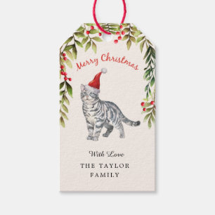 Merry Christmas Red Berries Green Leaf Cat Lover Gift Tags