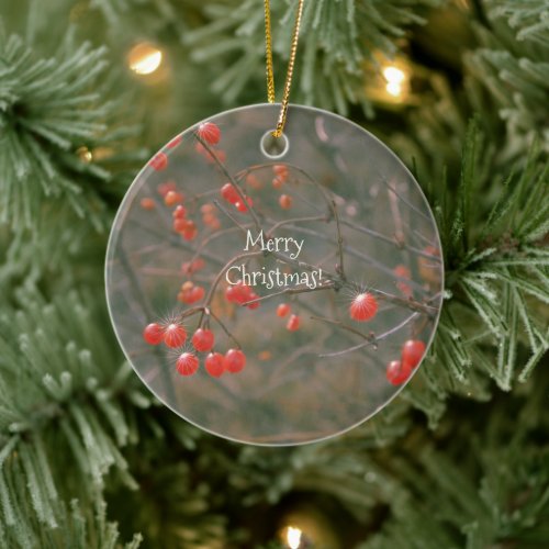 Merry Christmas Red Berries Nature Photography Ceramic Ornament