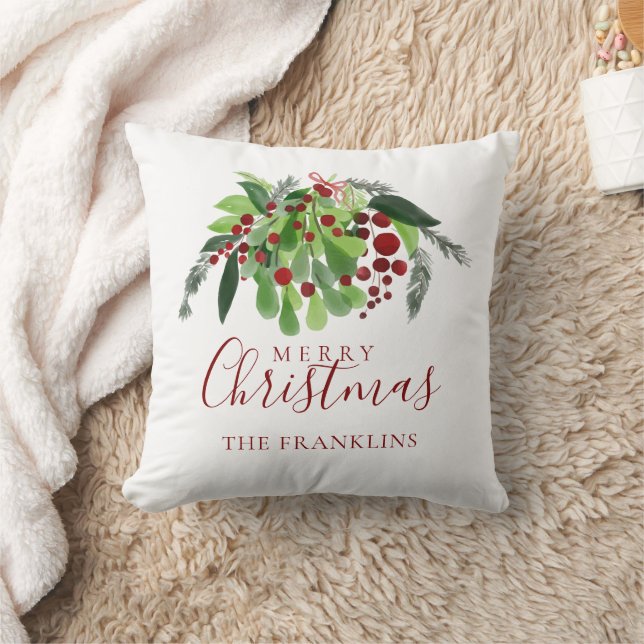 Merry Christmas Red Berries Personalized Family Throw Pillow (Blanket)