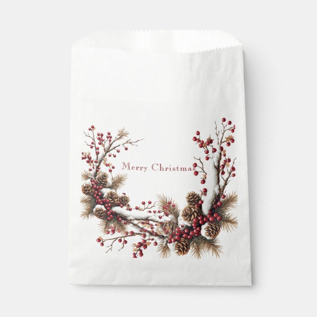 Merry Christmas Red Berries Pine Cones Snow Favor Bag (Front)