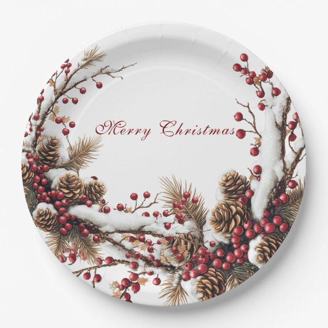 Merry Christmas Red Berries Pine Cones Snow Paper Plates (Front)