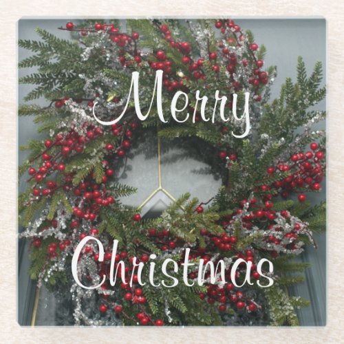 Merry Christmas Red Berries Wreath Glass Coaster