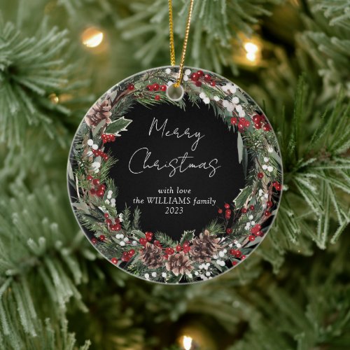 Merry Christmas Red Berry Botanical Wreath Photo Ceramic Ornament