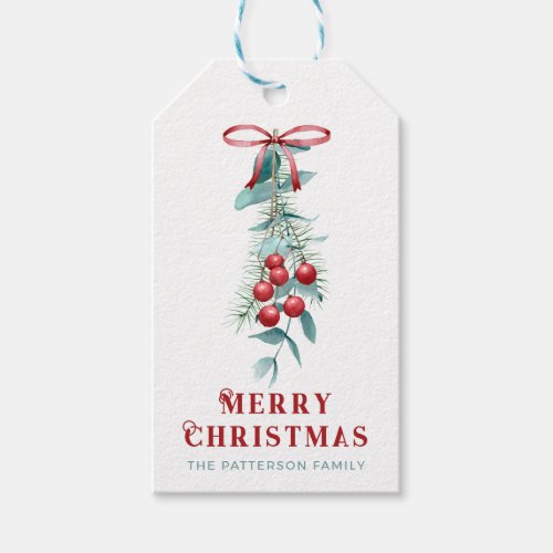 Merry Christmas Red Berry Eucalyptus Pine Name Gift Tags