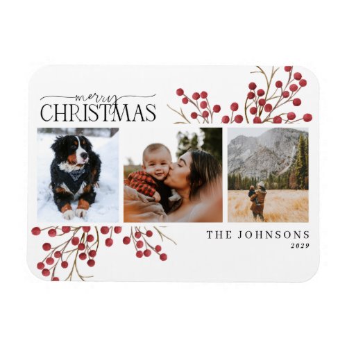 Merry Christmas Red Berry Photo Holiday Card Magne Magnet