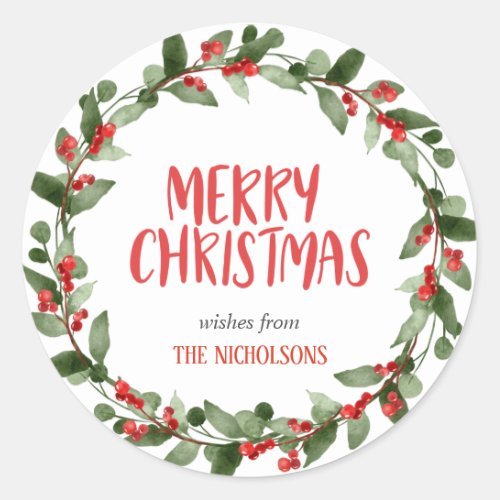 Merry Christmas Red Berry Script  Wreath  Classic Round Sticker