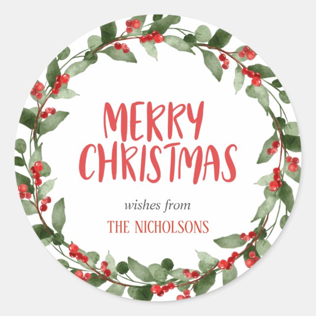 Merry Christmas Red Berry Script | Wreath  Classic Round Sticker (Front)