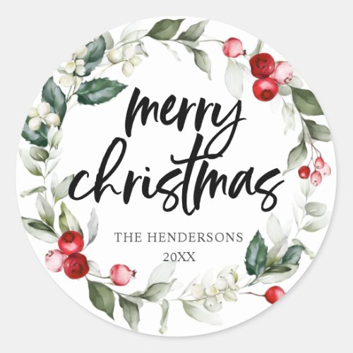 Merry Christmas Red Berry Wreath Classic Round Sticker