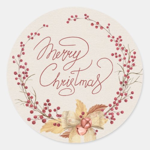 Merry Christmas Red Berry Wreath Classic Round Sticker