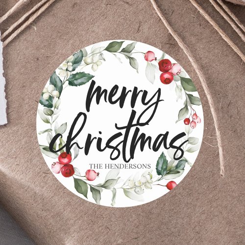 Merry Christmas Red Berry Wreath Classic Round Sticker