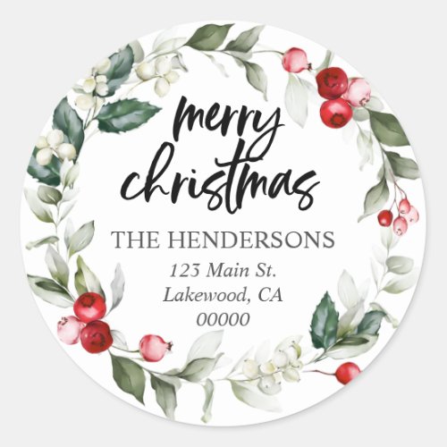 Merry Christmas Red Berry Wreath Return Address Classic Round Sticker