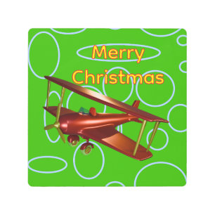 Merry Christmas Red Bi-plane on Green Circles Metal Print