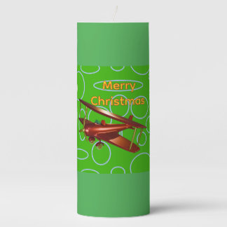 Merry Christmas Red Bi-plane on Green Circles Pillar Candle