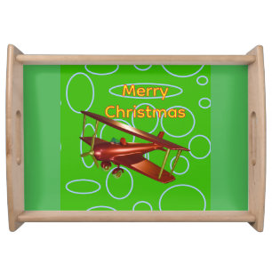 Merry Christmas Red Bi-plane on Green Circles Serving Tray