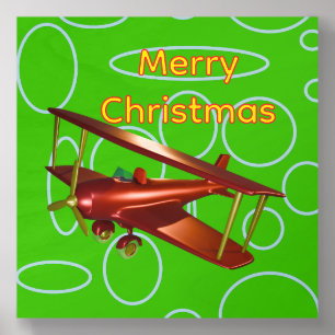 Merry Christmas Red Bi-plane on Green Circles Wood Photo Tile