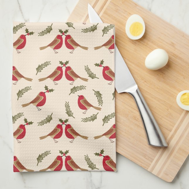Merry Christmas Red Bird Pattern Kitchen Towel (Quarter Fold)
