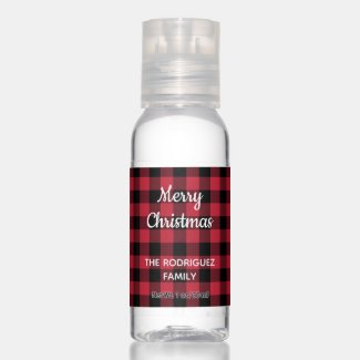 Merry Christmas Red Black Buffalo Check with Name Hand Sanitizer
