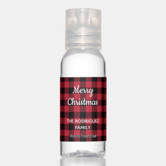 Merry Christmas Red Black Buffalo Check with Name Hand Sanitizer