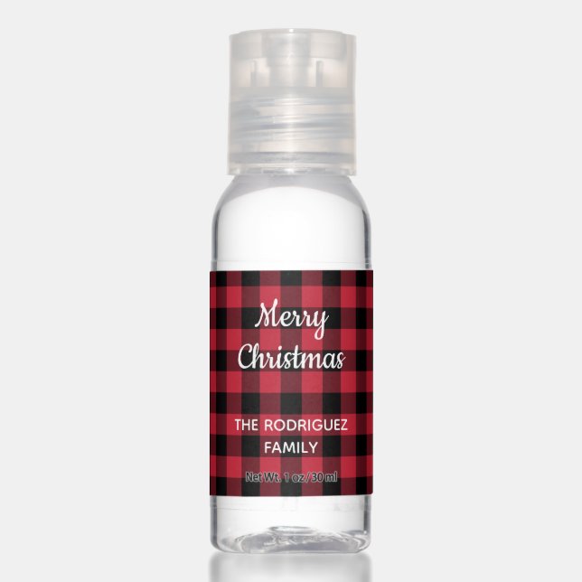 Merry Christmas Red Black Buffalo Check with Name Hand Sanitizer (Front)