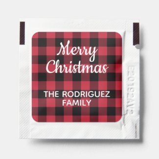 Merry Christmas Red Black Buffalo Check with Name Hand Sanitizer Packet