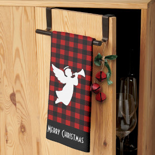 Merry Christmas Red & Black Buffalo Plaid Angel Kitchen Towel