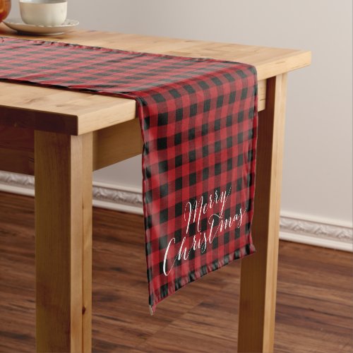 Merry Christmas Red Black Buffalo Plaid Farmhouse Short Table Runner