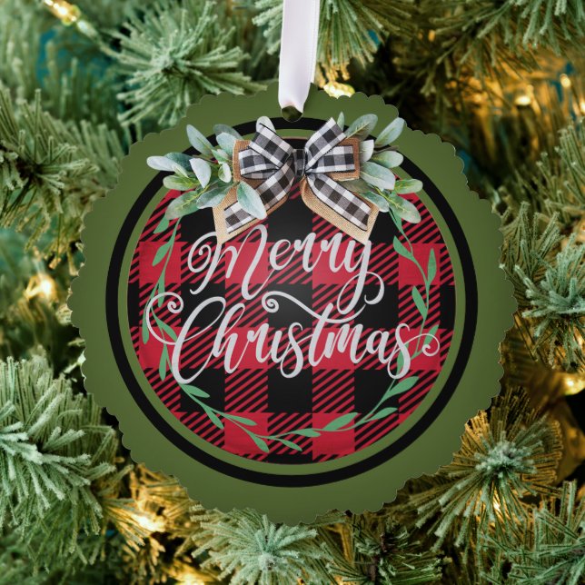 Merry Christmas Red Black Buffalo Plaid Wreath Ornament Card (Insitu (Tree))