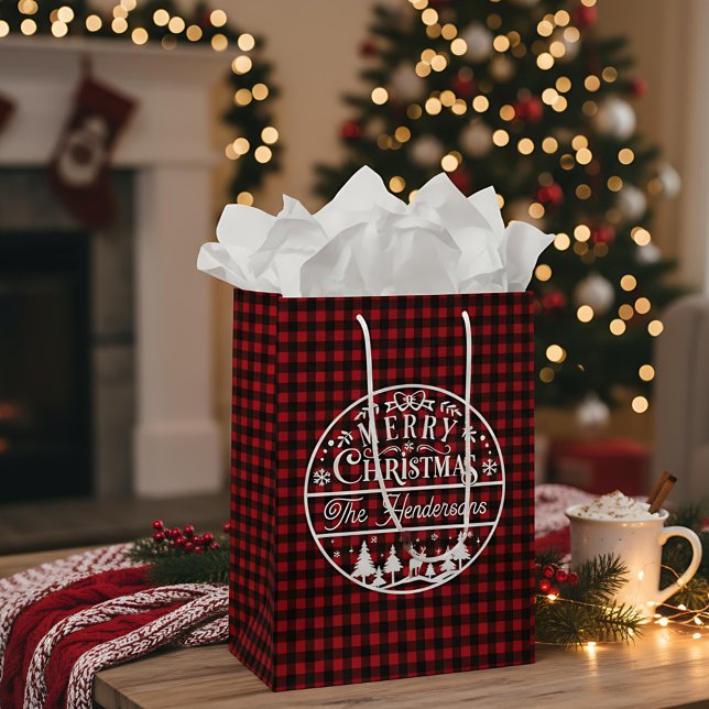 Merry Christmas Red & Black Plaid Custom Name Medium Gift Bag (Creator Uploaded)