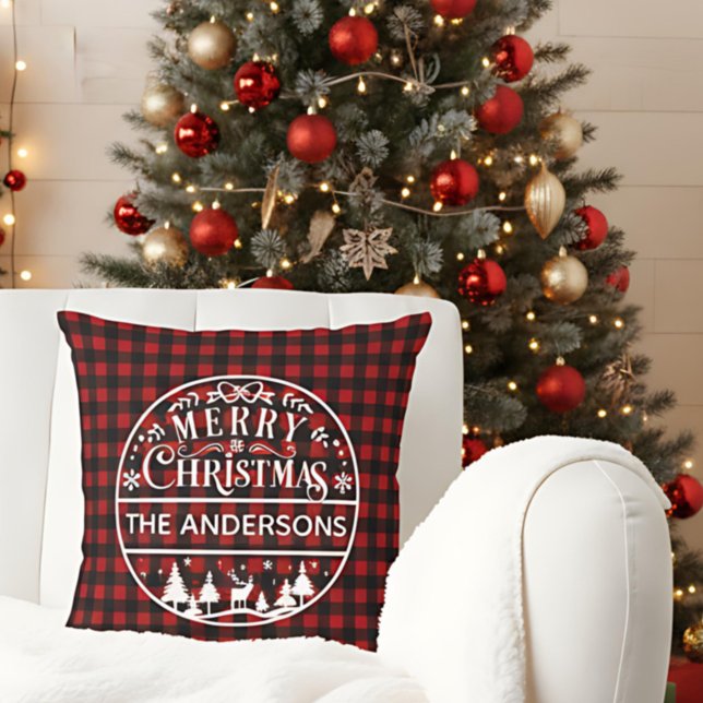 Merry Christmas Red & Black Plaid Custom Name Throw Pillow (Creator Uploaded)