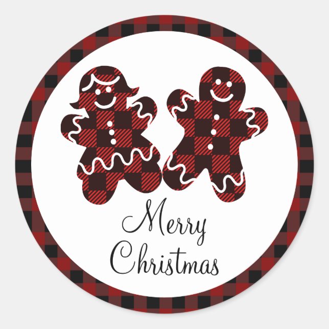 Merry Christmas Red & Black Plaid Gingerbread Classic Round Sticker (Front)