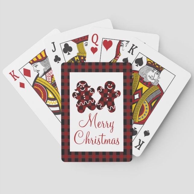 Merry Christmas Red & Black Plaid Gingerbread Poker Cards (Back)
