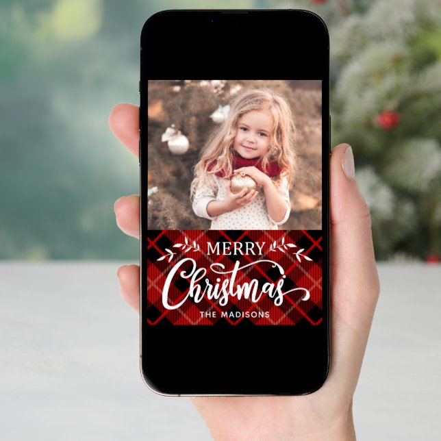 Merry Christmas Red Black Plaid Photo Card (Front Digital)