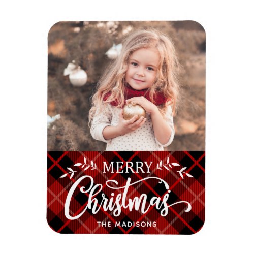 Merry Christmas Red Black Plaid Photo Magnet