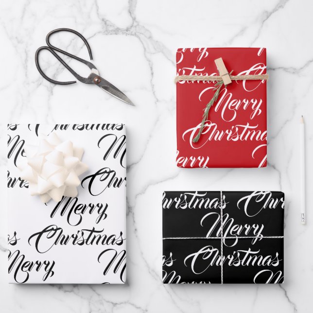 Merry Christmas red black white script elegant  Wrapping Paper Sheets (Front)