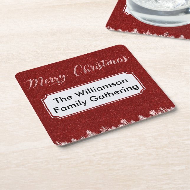 Merry Christmas Red Bling Labels Square Paper Coaster (Angled)