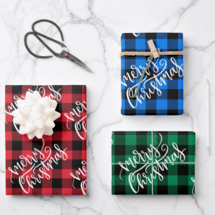 Merry Christmas Red Blue Green Buffalo Plaid Wrapping Paper Sheets
