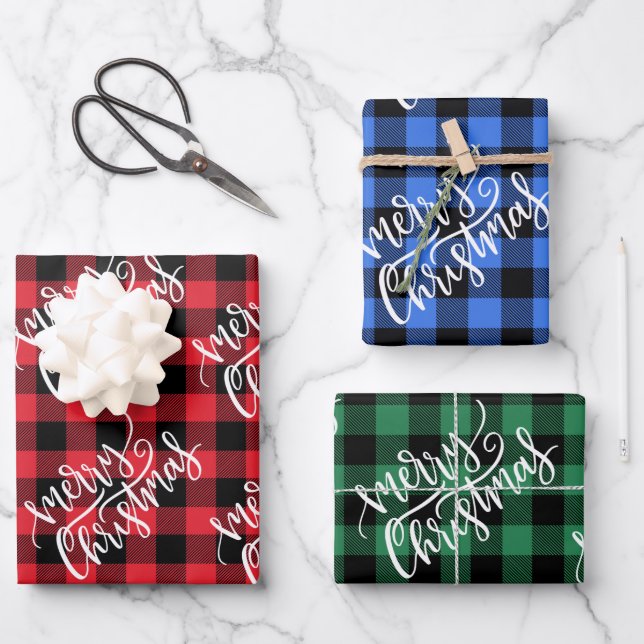 Merry Christmas Red Blue Green Buffalo Plaid Wrapping Paper Sheets (Front)