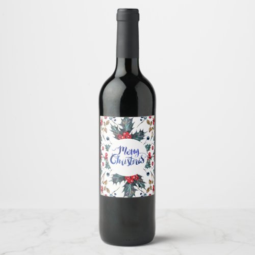 Merry Christmas_ Red Blue Holly Berries Pattern Wine Label
