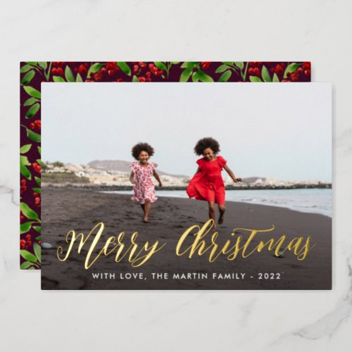 Merry Christmas Red Botanical One Photo Holiday Foil Invitation