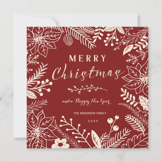 MERRY CHRISTMAS RED BOTANICAL SQUARE PHOTO COLLAGE HOLIDAY CARD (Front)